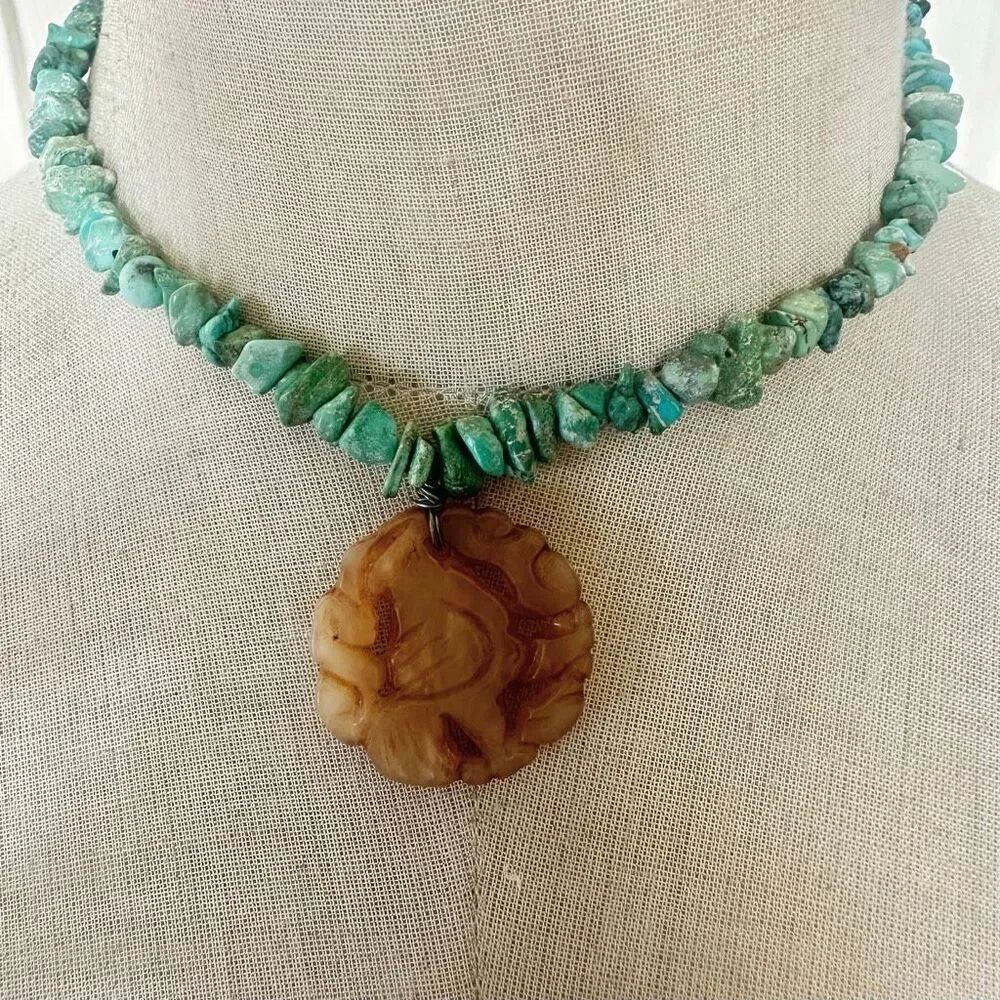 Vintage Turquoise Chip Necklace with Carved Stone Pendant